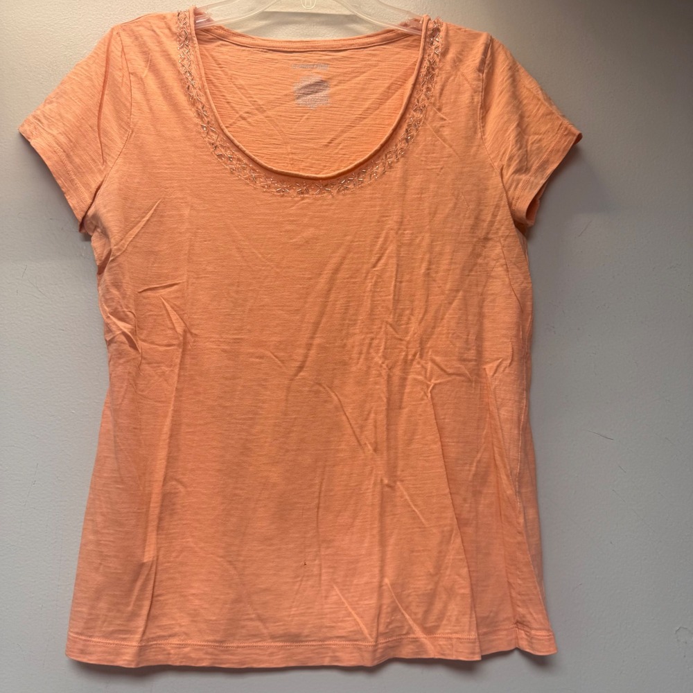 St. Johns Bay T-Shirt Womens Medium Coral Excellent Beaded Scoop Neck Slub Knit